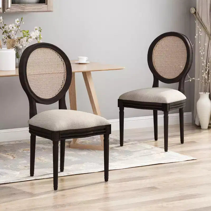 Sedie da pranzo imbottite in legno e canna, Beige/Marrone Naturale/Marrone Scuro