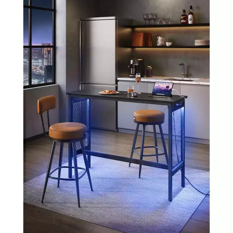 47.2 Tavolo Lungo e Stretto da Bar, Tavolo Alto da Cocktail con Luci LED, Prese di Corrente Integrate, Pannelli in Rete, Nero e Nero Opaco