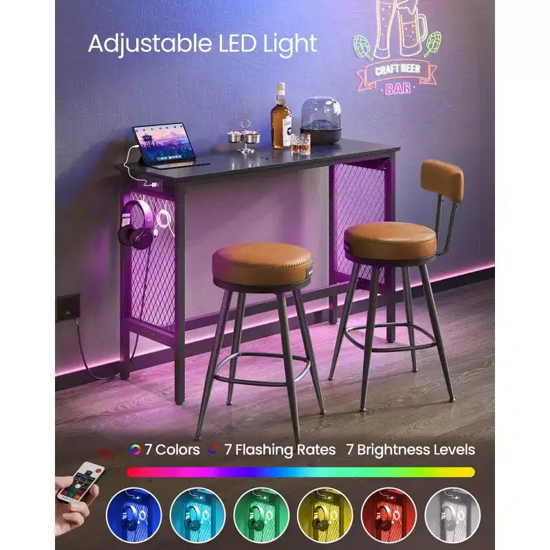 47.2 Tavolo Lungo e Stretto da Bar, Tavolo Alto da Cocktail con Luci LED, Prese di Corrente Integrate, Pannelli in Rete, Nero e Nero Opaco