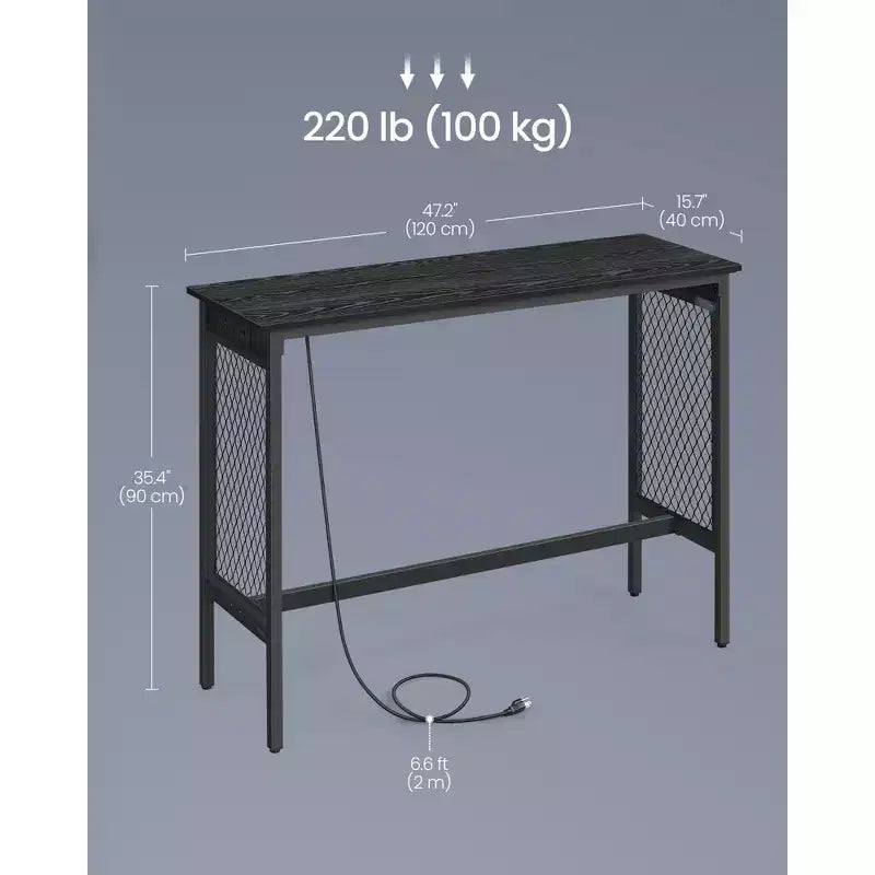 47.2 Tavolo Lungo e Stretto da Bar, Tavolo Alto da Cocktail con Luci LED, Prese di Corrente Integrate, Pannelli in Rete, Nero e Nero Opaco