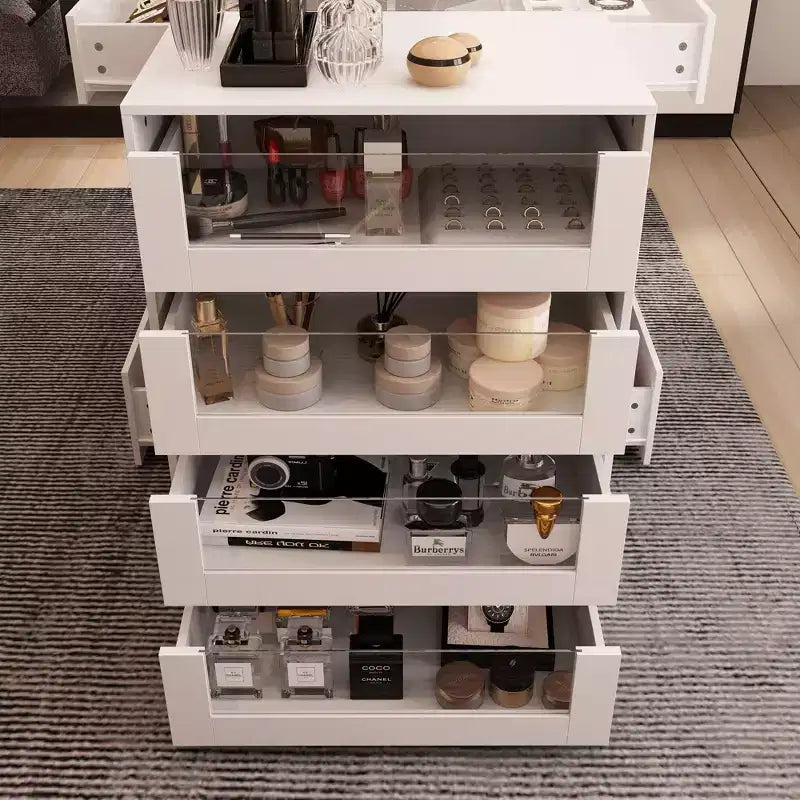 Organizzatore per armadio con piano in vetro bianco, isola per vestiti, cassettiera con ampio spazio, espositore, armadio con isola vanity, organizer per cosmetici.