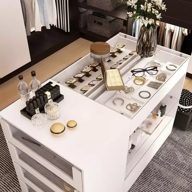 Organizzatore per armadio con piano in vetro bianco, isola per vestiti, cassettiera con ampio spazio, espositore, armadio con isola vanity, organizer per cosmetici.