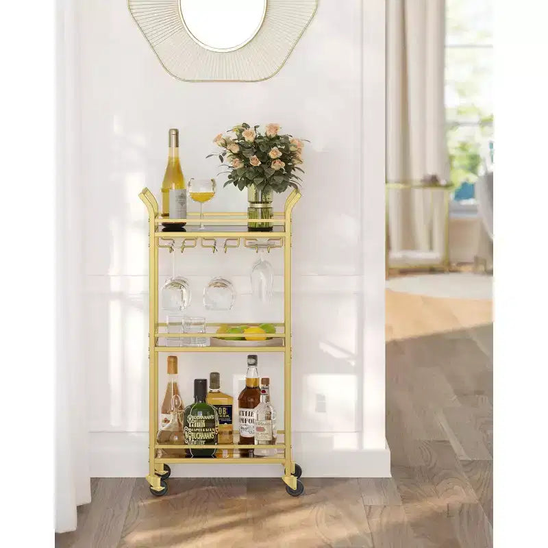 Carrello Bar Domestico, Carrellino Bar con Ripiano a 3 Livelli, Porta Bottiglie di Vino, Porta Bicchieri, Mini Carrello Bar Cucina, Oro Pallido