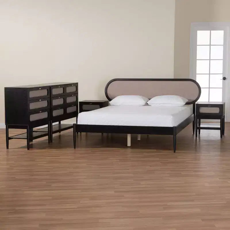 Camera da letto matrimoniale in tessuto beige e legno nero stile Mid-Century