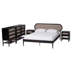 Camera da letto matrimoniale in tessuto beige e legno nero stile Mid-Century