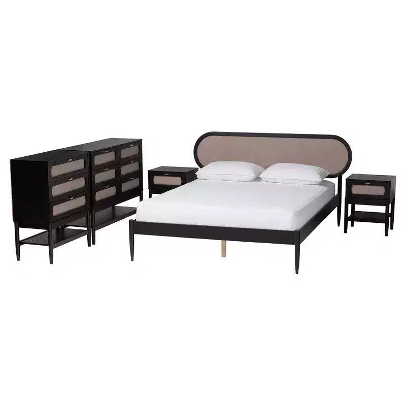 Camera da letto matrimoniale in tessuto beige e legno nero stile Mid-Century