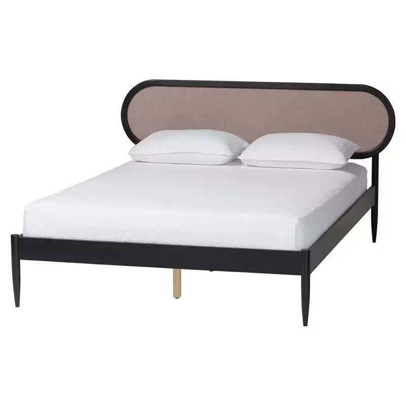 Camera da letto matrimoniale in tessuto beige e legno nero stile Mid-Century