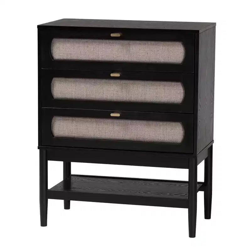 Camera da letto matrimoniale in tessuto beige e legno nero stile Mid-Century