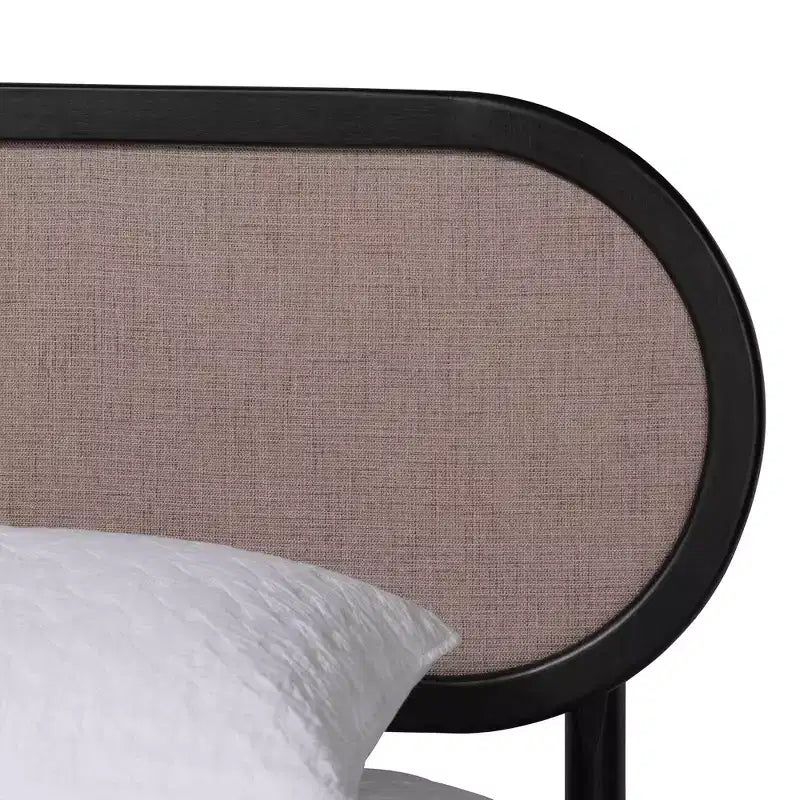 Camera da letto matrimoniale in tessuto beige e legno nero stile Mid-Century