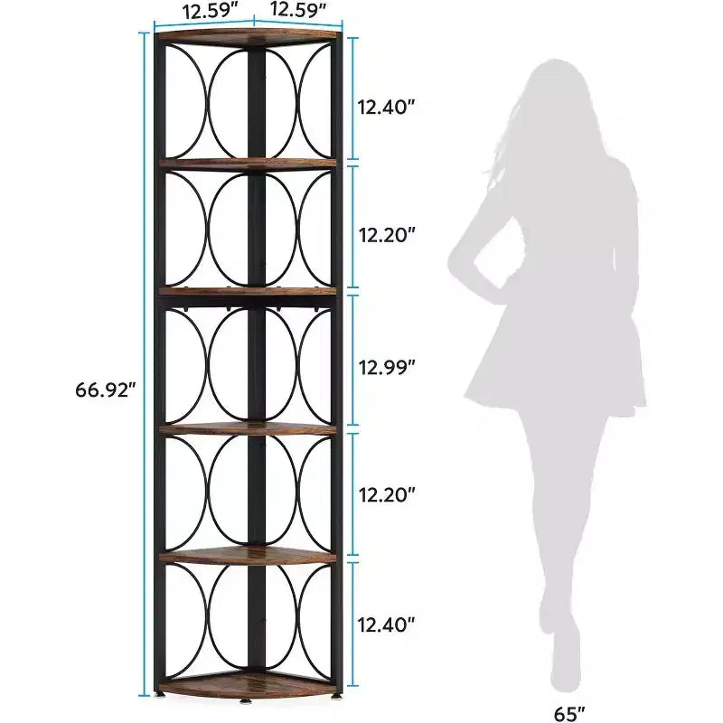 Scaffale angolare alto 170 cm, libreria angolare rustica a 6 ripiani, portaoggetti