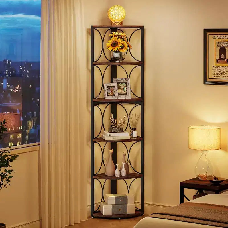 Scaffale angolare alto 170 cm, libreria angolare rustica a 6 ripiani, portaoggetti