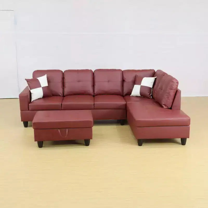 Elegante Divano Sezionale in Ecopelle Rossa - Design a L, Cuscini Morbidi, Pouf Contenitore, Mobili Moderni per Soggiorno