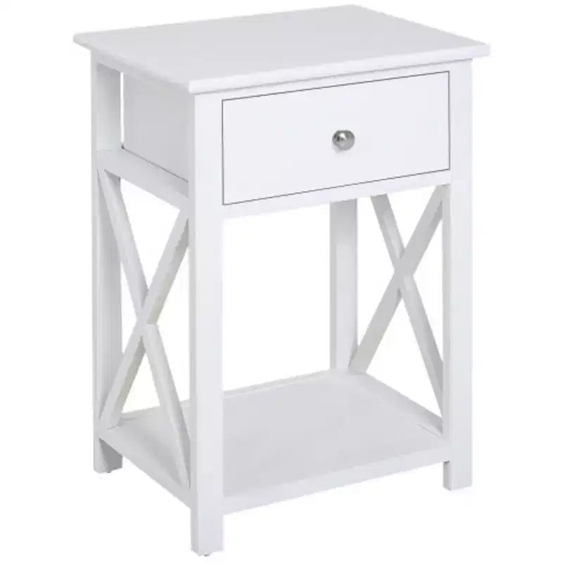 Tavolino laterale, Tavolino da divano rustico con cassetto portaoggetti, ripiano aperto e struttura a X, Comodino per soggiorno, Bianco
