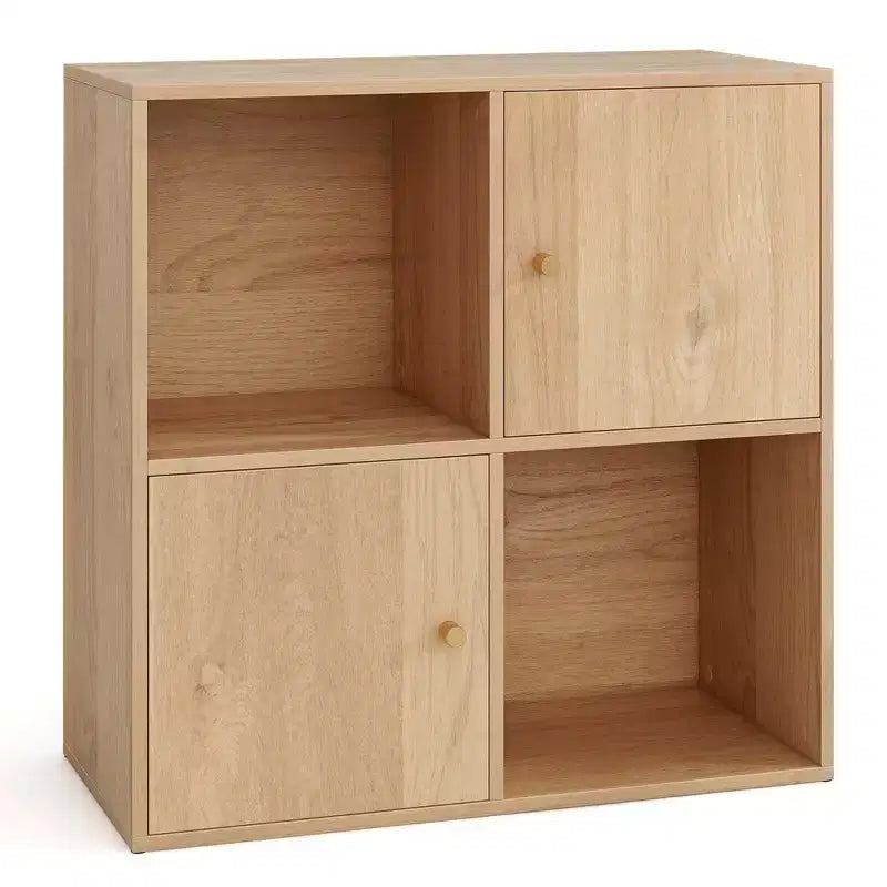 Libreria a 4 cubi con doppio kit antiribaltamento e 2 armadietti portaoggetti, bianco/naturale