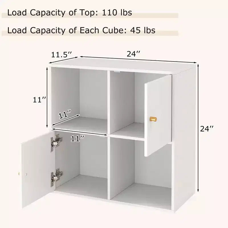 Libreria a 4 cubi con doppio kit antiribaltamento e 2 armadietti portaoggetti, bianco/naturale