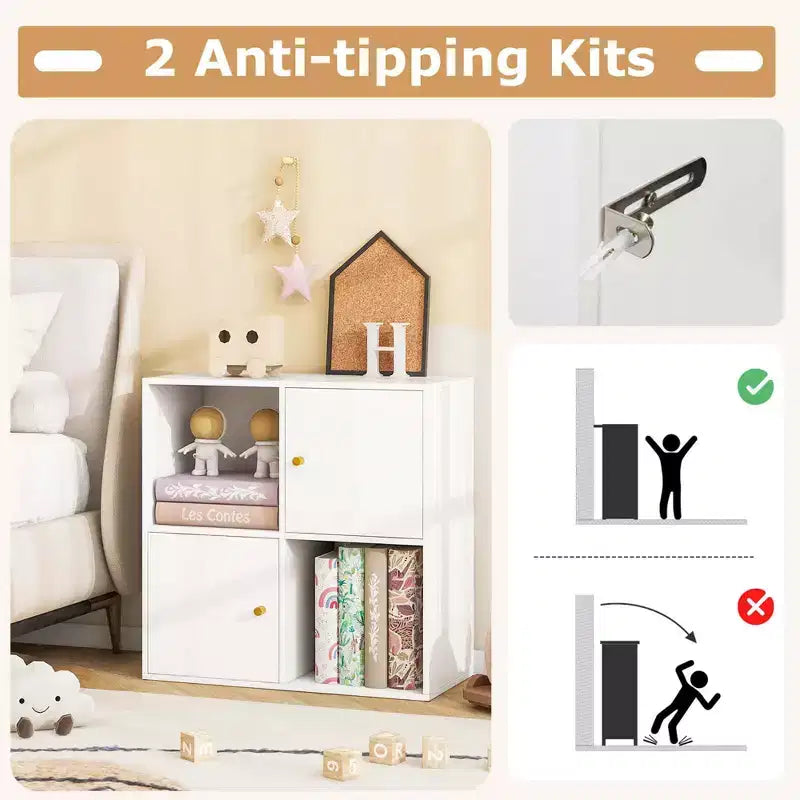 Libreria a 4 cubi con doppio kit antiribaltamento e 2 armadietti portaoggetti, bianco/naturale