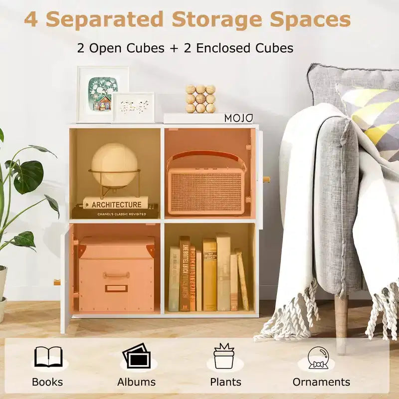 Libreria a 4 cubi con doppio kit antiribaltamento e 2 armadietti portaoggetti, bianco/naturale