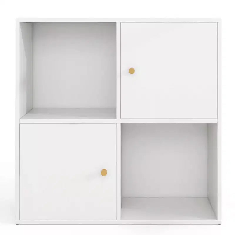 Libreria a 4 cubi con doppio kit antiribaltamento e 2 armadietti portaoggetti, bianco/naturale