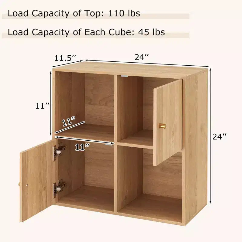 Libreria a 4 cubi con doppio kit antiribaltamento e 2 armadietti portaoggetti, bianco/naturale