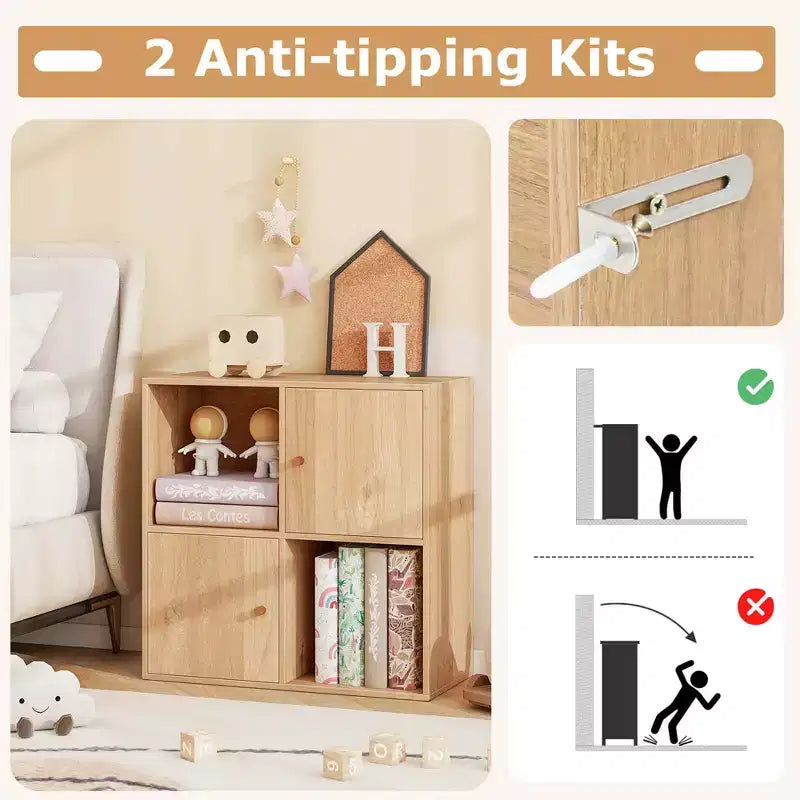 Libreria a 4 cubi con doppio kit antiribaltamento e 2 armadietti portaoggetti, bianco/naturale