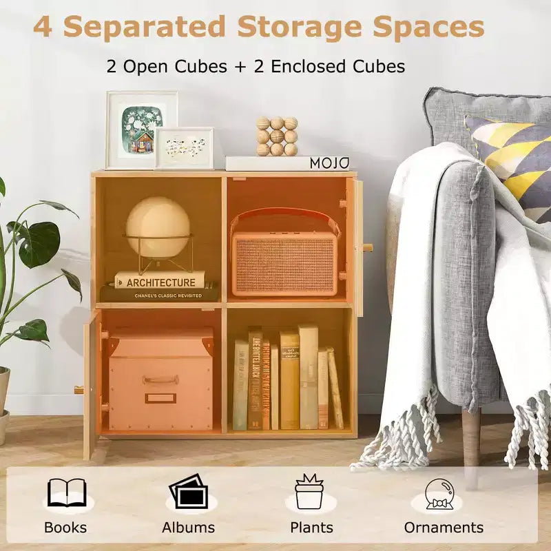 Libreria a 4 cubi con doppio kit antiribaltamento e 2 armadietti portaoggetti, bianco/naturale