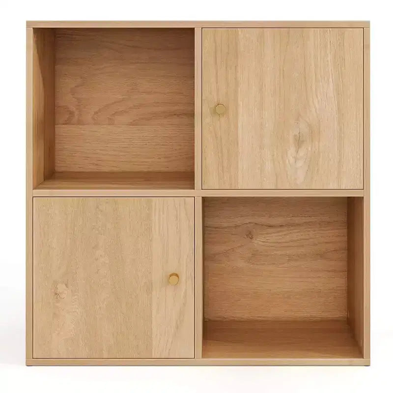 Libreria a 4 cubi con doppio kit antiribaltamento e 2 armadietti portaoggetti, bianco/naturale