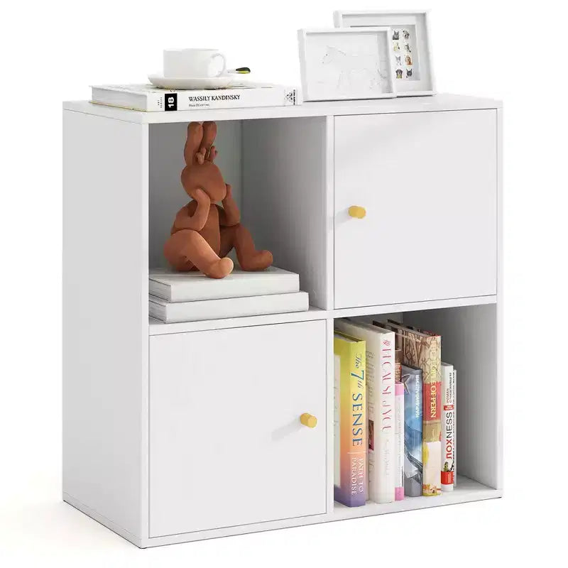 Libreria a 4 cubi con doppio kit antiribaltamento e 2 armadietti portaoggetti, bianco/naturale