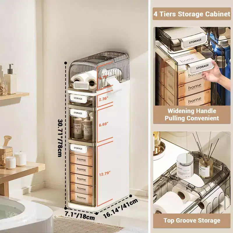 Mobiletto Salvaspazio per Bagno Sottile a 4 Ripiani, Mobiletto Bagno Stretto con Cassetti e Portatovaglioli, Contenitore Sottile Impermeabile in Plastica per Spazi Stretti in Cucina
