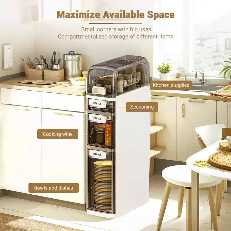 Mobiletto Salvaspazio per Bagno Sottile a 4 Ripiani, Mobiletto Bagno Stretto con Cassetti e Portatovaglioli, Contenitore Sottile Impermeabile in Plastica per Spazi Stretti in Cucina