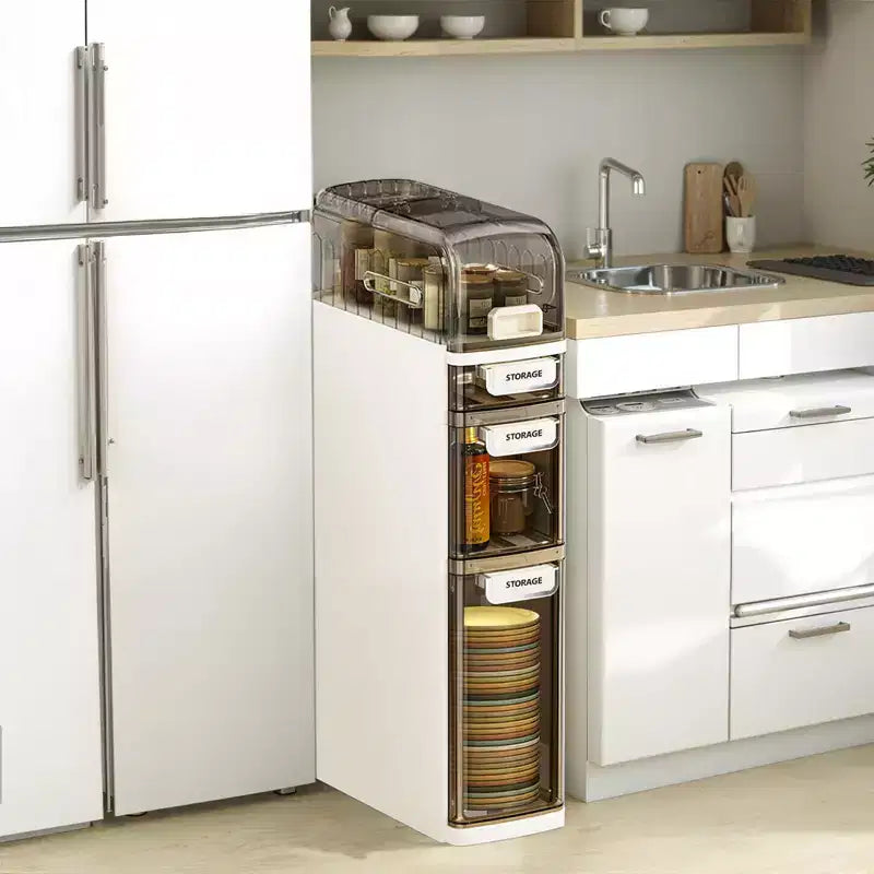 Mobiletto Salvaspazio per Bagno Sottile a 4 Ripiani, Mobiletto Bagno Stretto con Cassetti e Portatovaglioli, Contenitore Sottile Impermeabile in Plastica per Spazi Stretti in Cucina