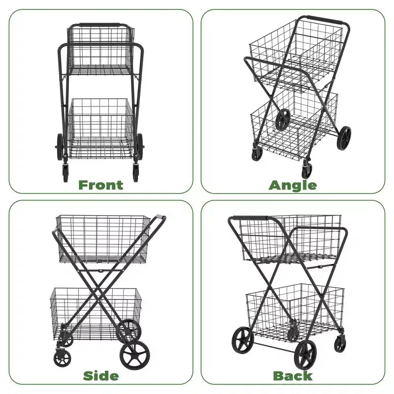Carrello portaspesa pieghevole a 2 ripiani con cestini rimovibili e ruote girevoli a 360°