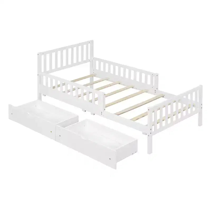 Letto a piattaforma in legno con sponde di protezione per bambini, struttura letto a piattaforma in legno con 2 cassetti portaoggetti