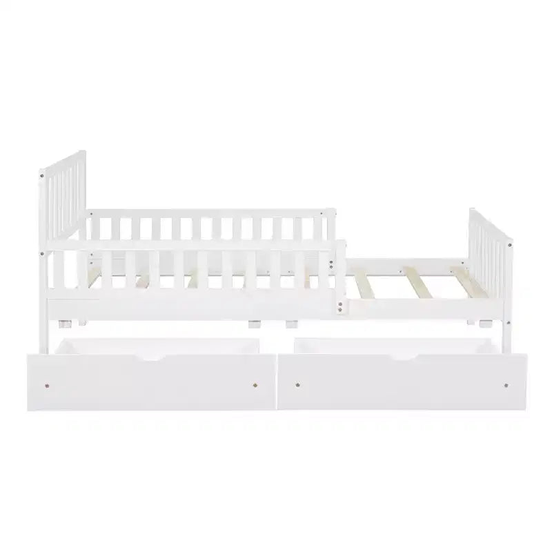 Letto a piattaforma in legno con sponde di protezione per bambini, struttura letto a piattaforma in legno con 2 cassetti portaoggetti
