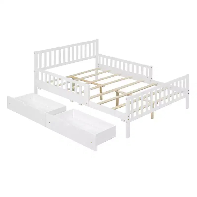 Letto a piattaforma in legno con sponde di protezione per bambini, struttura letto a piattaforma in legno con 2 cassetti portaoggetti