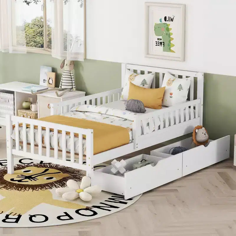 Letto a piattaforma in legno con sponde di protezione per bambini, struttura letto a piattaforma in legno con 2 cassetti portaoggetti