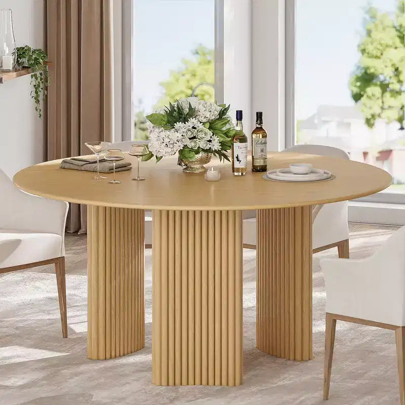 PexFix 60 Modern Round Dining Table with Striped Column Legs Solid Wood Kitchen Table Anti-Scratch Footpads for Dining Room & Kitchen Bar in Natural