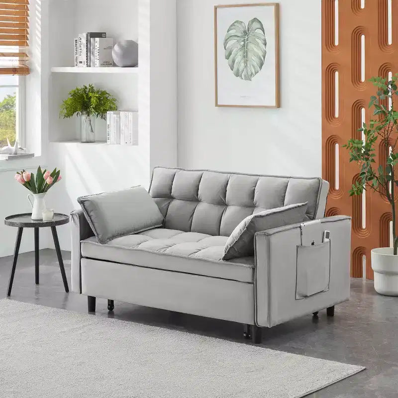 Divano letto moderno in velluto con cuscini decorativi e tasche per soggiorno e camera da letto, grigio