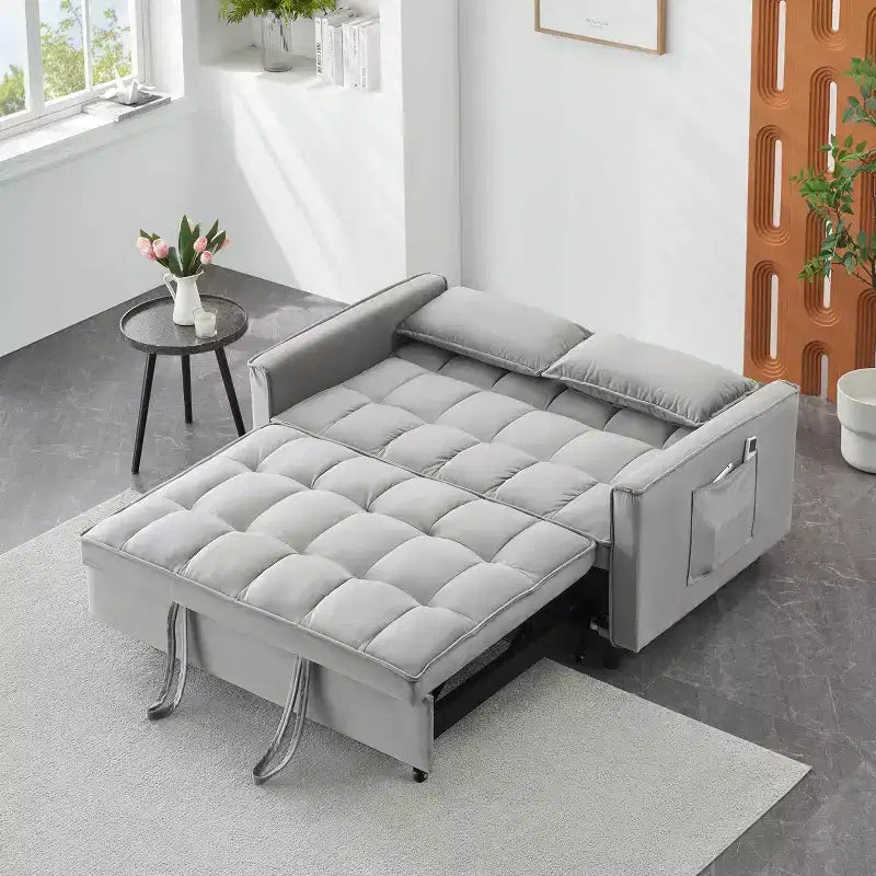 Divano letto moderno in velluto con cuscini decorativi e tasche per soggiorno e camera da letto, grigio