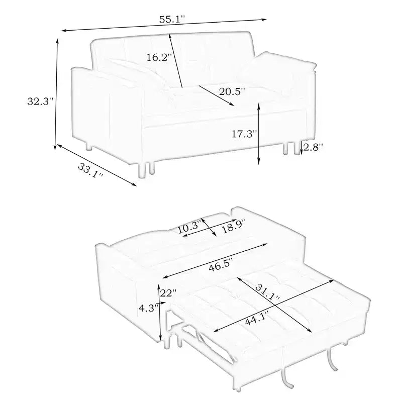 Divano letto moderno in velluto con cuscini decorativi e tasche per soggiorno e camera da letto, grigio
