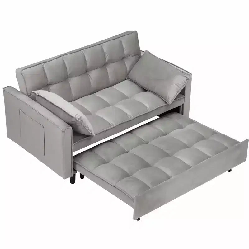 Divano letto moderno in velluto con cuscini decorativi e tasche per soggiorno e camera da letto, grigio