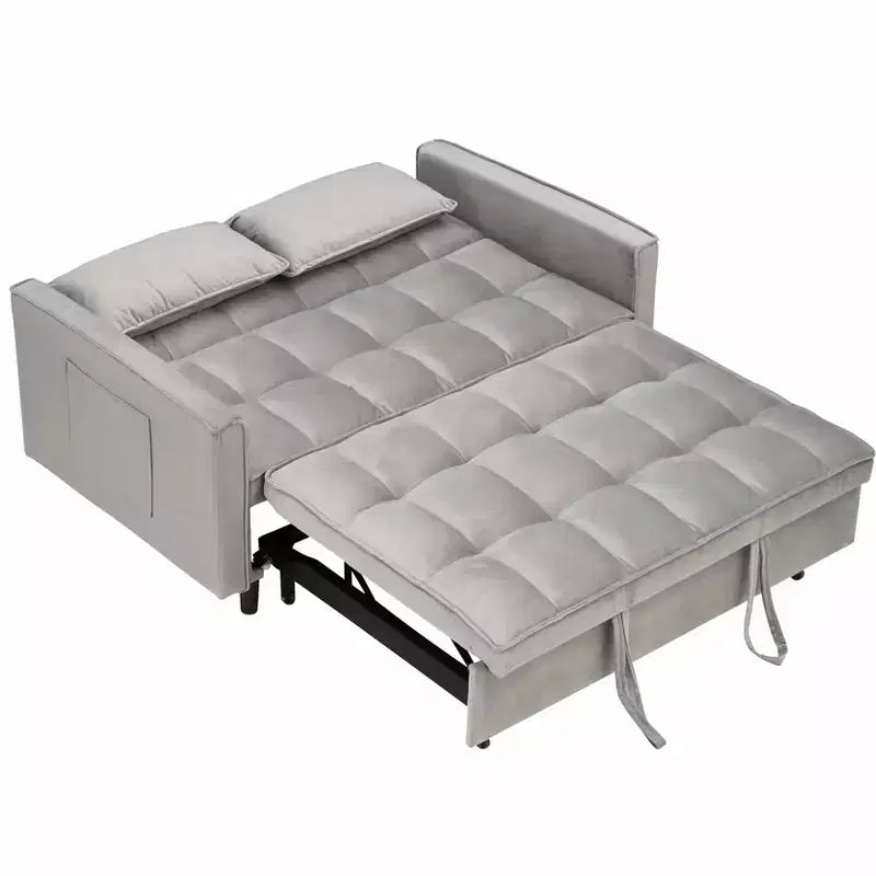 Divano letto moderno in velluto con cuscini decorativi e tasche per soggiorno e camera da letto, grigio