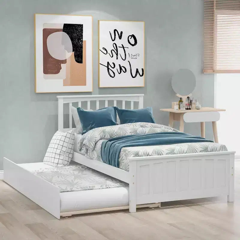 Piattaforma doppia con letto estraibile, struttura del letto in legno con testiera e pediera per la camera da letto