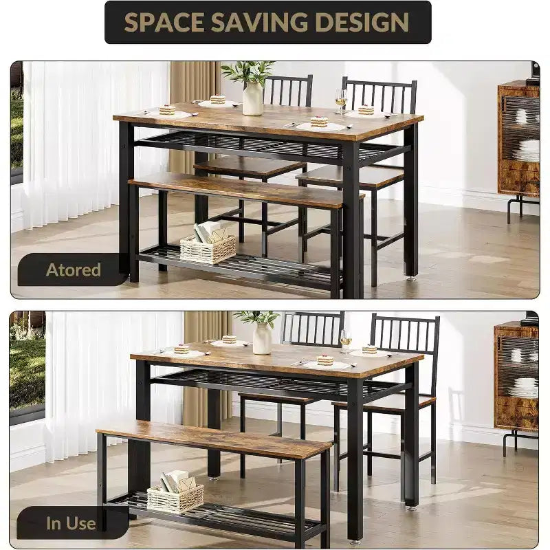 47 Tavolo da Pranzo Moderno Stile Fattoria per 4 Persone, Include Panca e Sedie, Telaio in Metallo con Ripiano Contenitore, Design Salvaspazio per Cucina, Sala da Pranzo