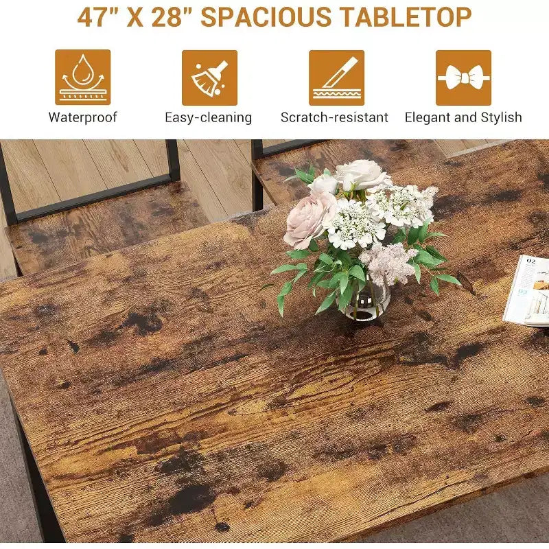 47 Tavolo da Pranzo Moderno Stile Fattoria per 4 Persone, Include Panca e Sedie, Telaio in Metallo con Ripiano Contenitore, Design Salvaspazio per Cucina, Sala da Pranzo