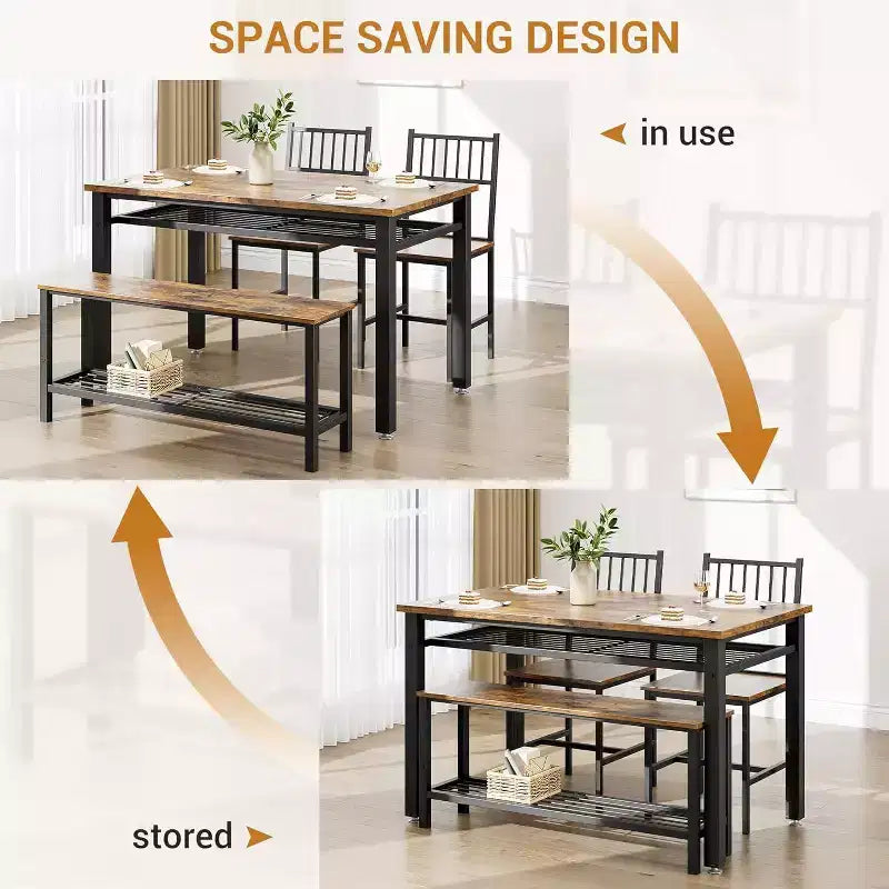 47 Tavolo da Pranzo Moderno Stile Fattoria per 4 Persone, Include Panca e Sedie, Telaio in Metallo con Ripiano Contenitore, Design Salvaspazio per Cucina, Sala da Pranzo
