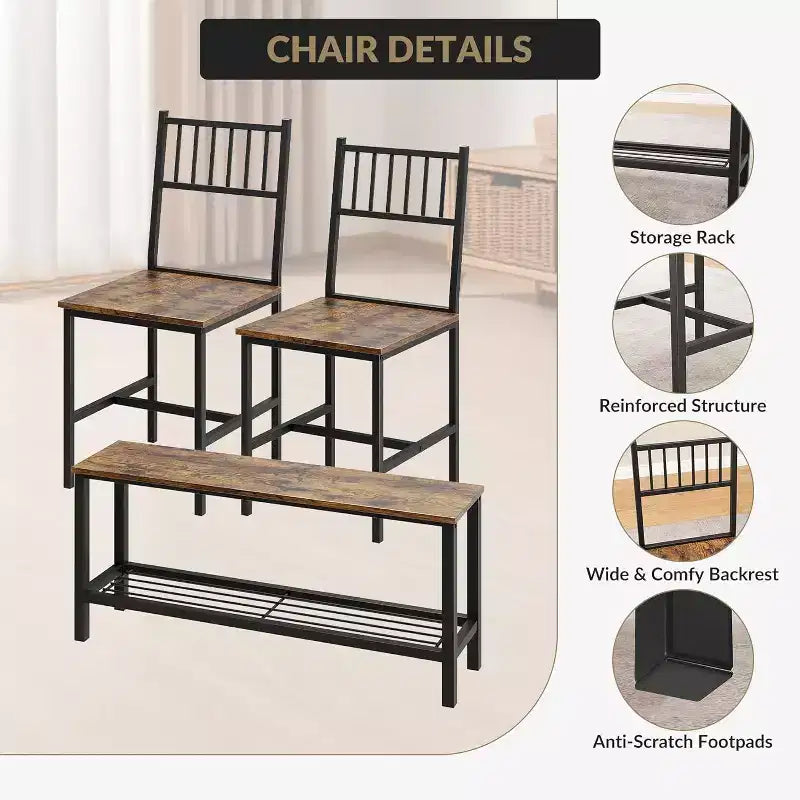 47 Tavolo da Pranzo Moderno Stile Fattoria per 4 Persone, Include Panca e Sedie, Telaio in Metallo con Ripiano Contenitore, Design Salvaspazio per Cucina, Sala da Pranzo