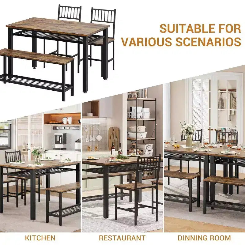 47 Tavolo da Pranzo Moderno Stile Fattoria per 4 Persone, Include Panca e Sedie, Telaio in Metallo con Ripiano Contenitore, Design Salvaspazio per Cucina, Sala da Pranzo
