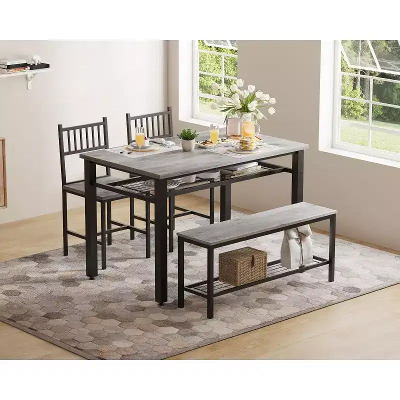 47 Tavolo da Pranzo Moderno Stile Fattoria per 4 Persone, Include Panca e Sedie, Telaio in Metallo con Ripiano Contenitore, Design Salvaspazio per Cucina, Sala da Pranzo