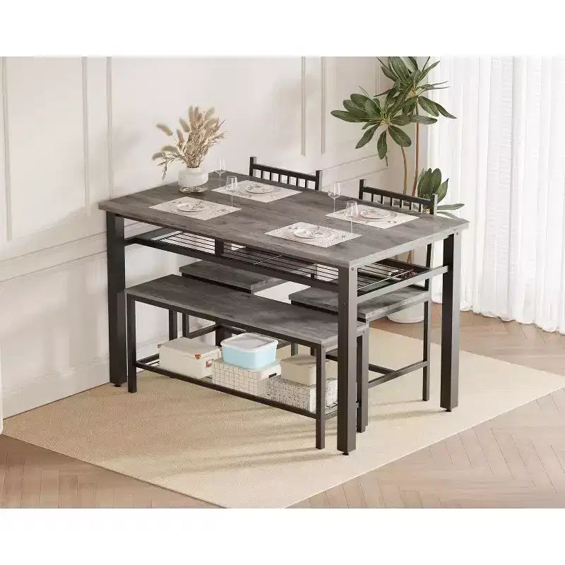 47 Tavolo da Pranzo Moderno Stile Fattoria per 4 Persone, Include Panca e Sedie, Telaio in Metallo con Ripiano Contenitore, Design Salvaspazio per Cucina, Sala da Pranzo