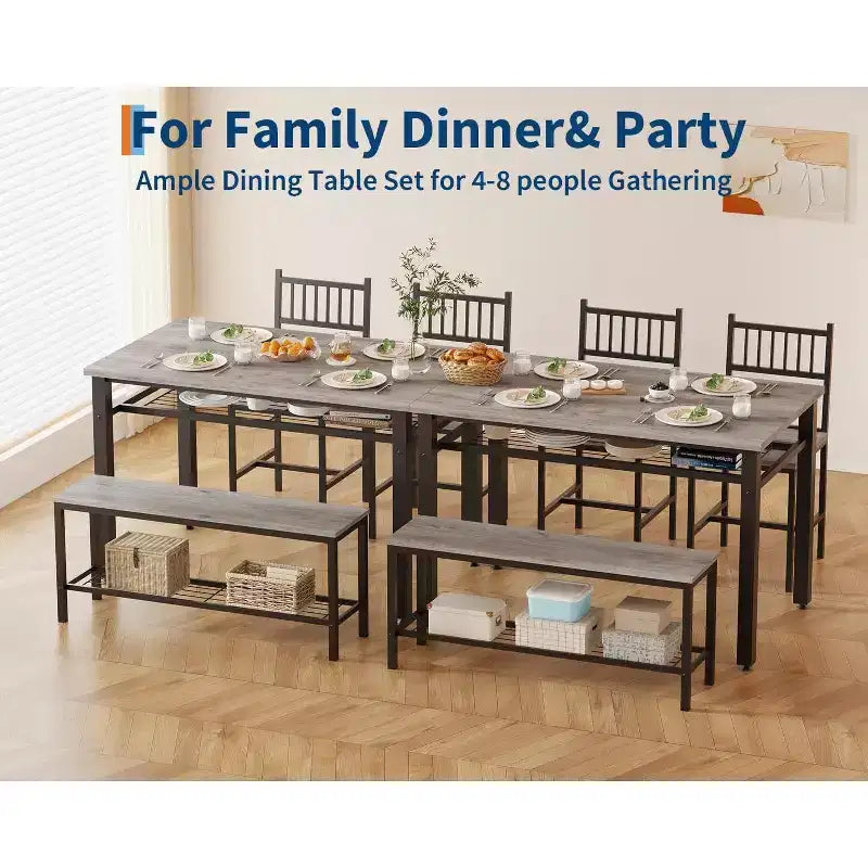 47 Tavolo da Pranzo Moderno Stile Fattoria per 4 Persone, Include Panca e Sedie, Telaio in Metallo con Ripiano Contenitore, Design Salvaspazio per Cucina, Sala da Pranzo